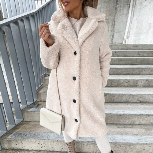 Women's Long Coat - Faux Fur Fleece - Oversized Fit - Notched Lapel - Button Closure