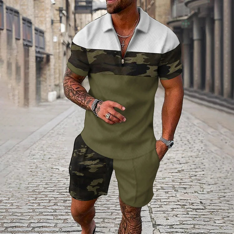 Men's Camouflage Color Contrasting Short Sleeve Polo Shirt And Shorts Co-Ord