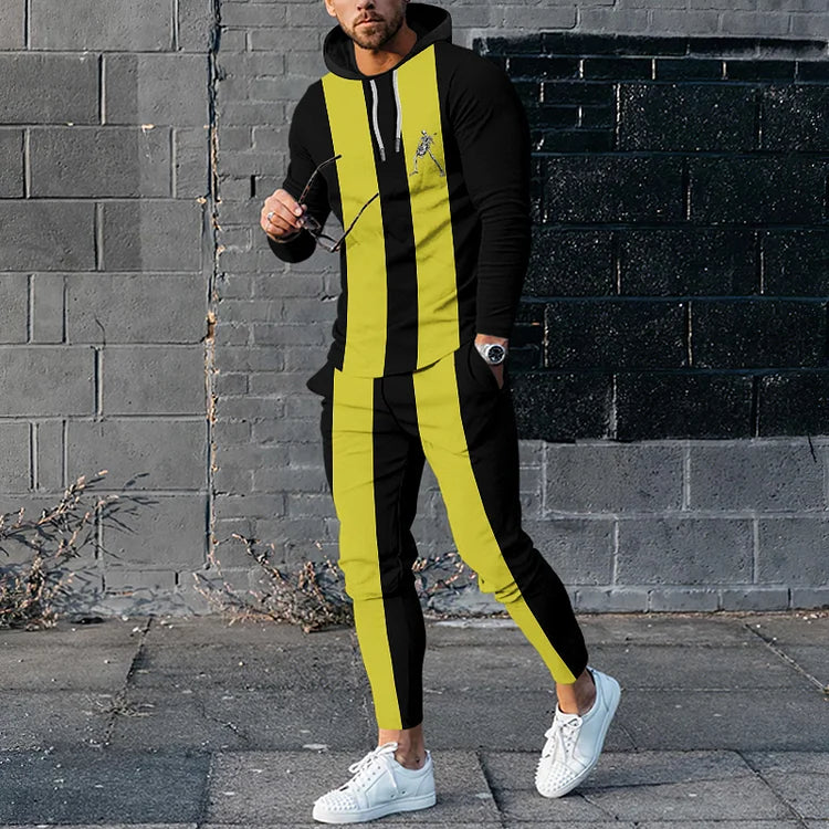 50s Black & Yellow Stripe Skull Print  Hoodie & Sweat Pants Co-Ord