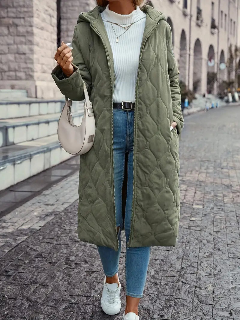 Women's Quilted Long Coat - Hooded - Full-Length Insulated - Zip Closure