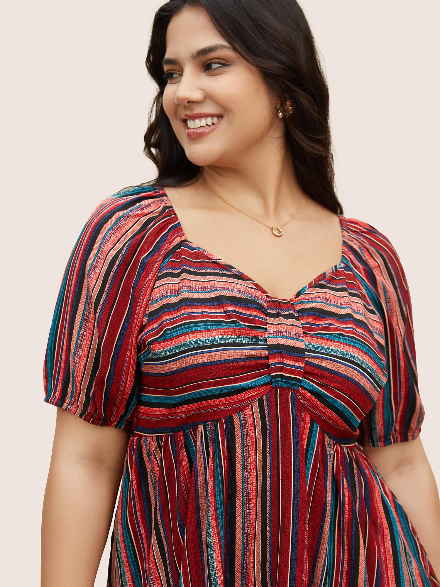 Striped Heart Neckline Lantern Sleeve Blouse