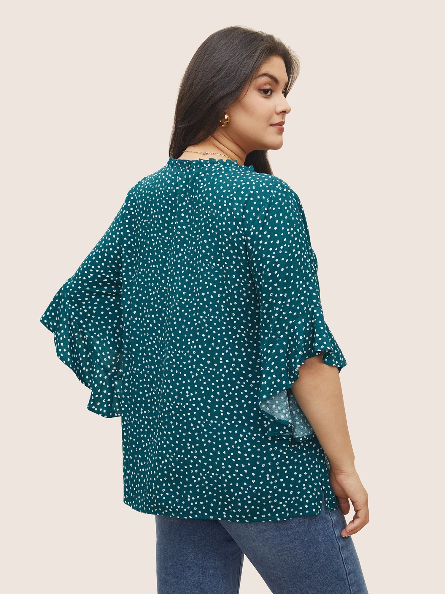 Tie Neck Polka Dot Patchwork Ruffle Sleeve Blouse