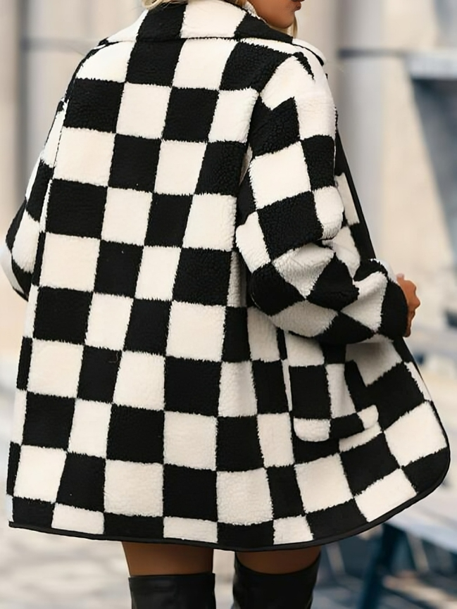 Warm chequered plush lambswool coat for women