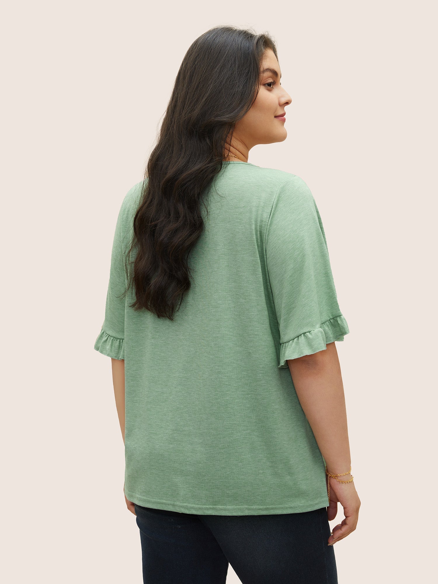 Solid Gathered Ruffle Trim Flounce Sleeve T-shirt