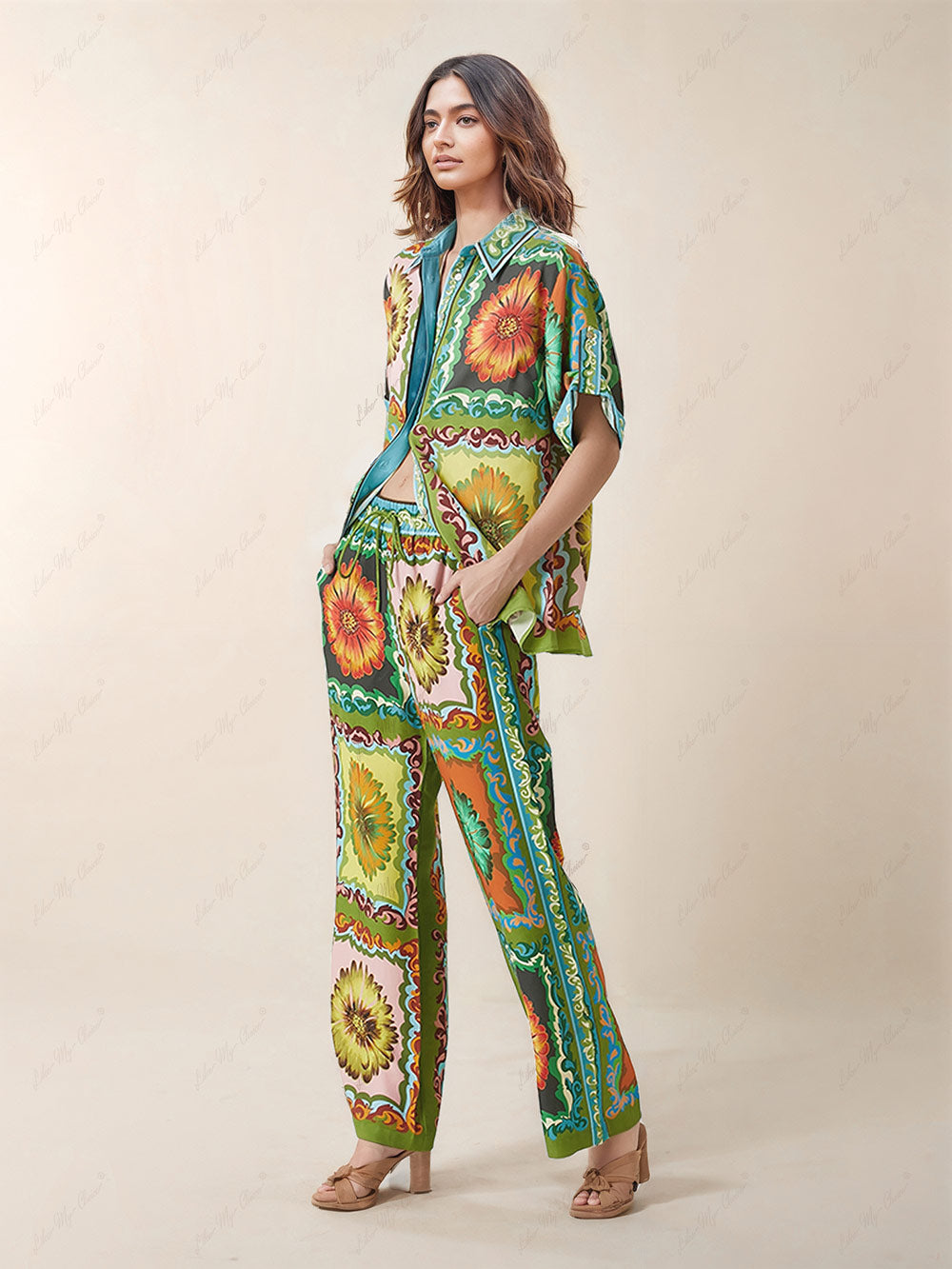 Unique Sunflower Print Wide Leg Pants