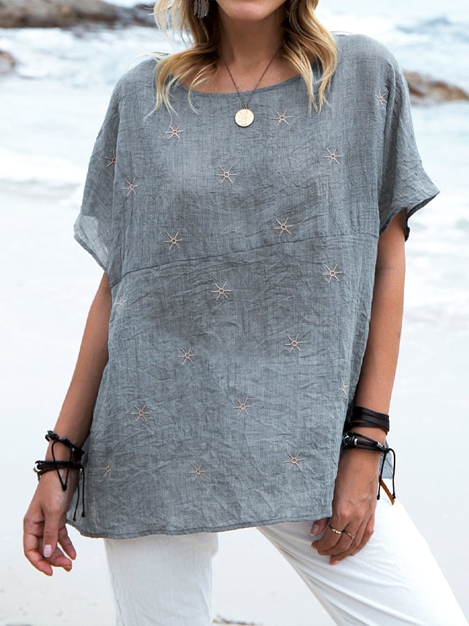 Women's Round Neck Cotton And Linen Casual Loose Tops