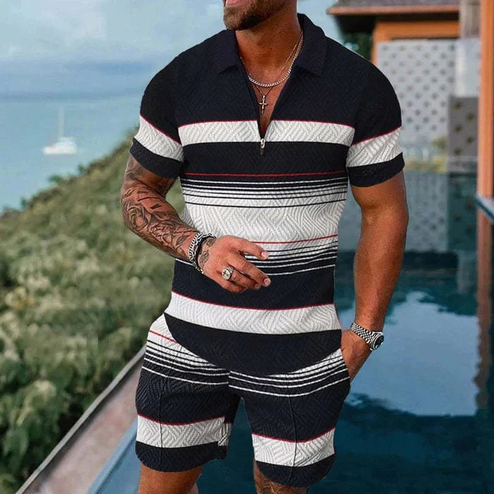 Irregular Stripe Print Polo Shirt And Shorts Co-Ord