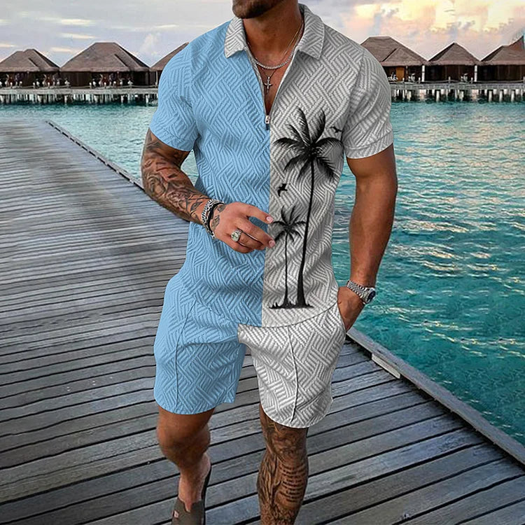 Coconut Tree Color Contrast Stripes Print Short Sleeve Polo Shirt And Shorts Co-Ord