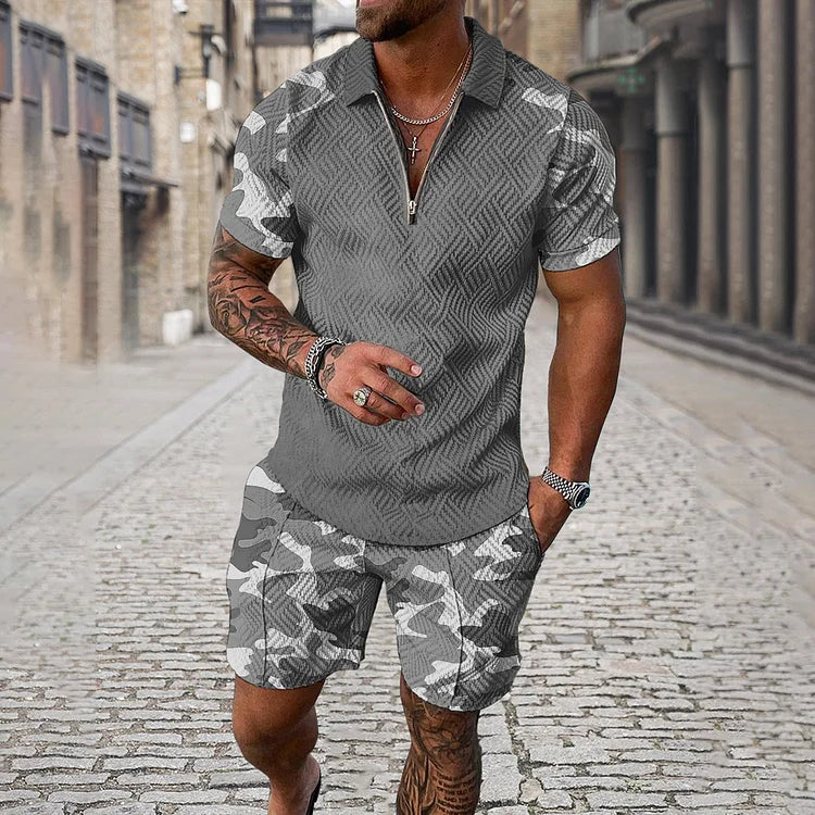 Men's Camouflage Sleeve Polo Shirt And Shorts Co-Ord