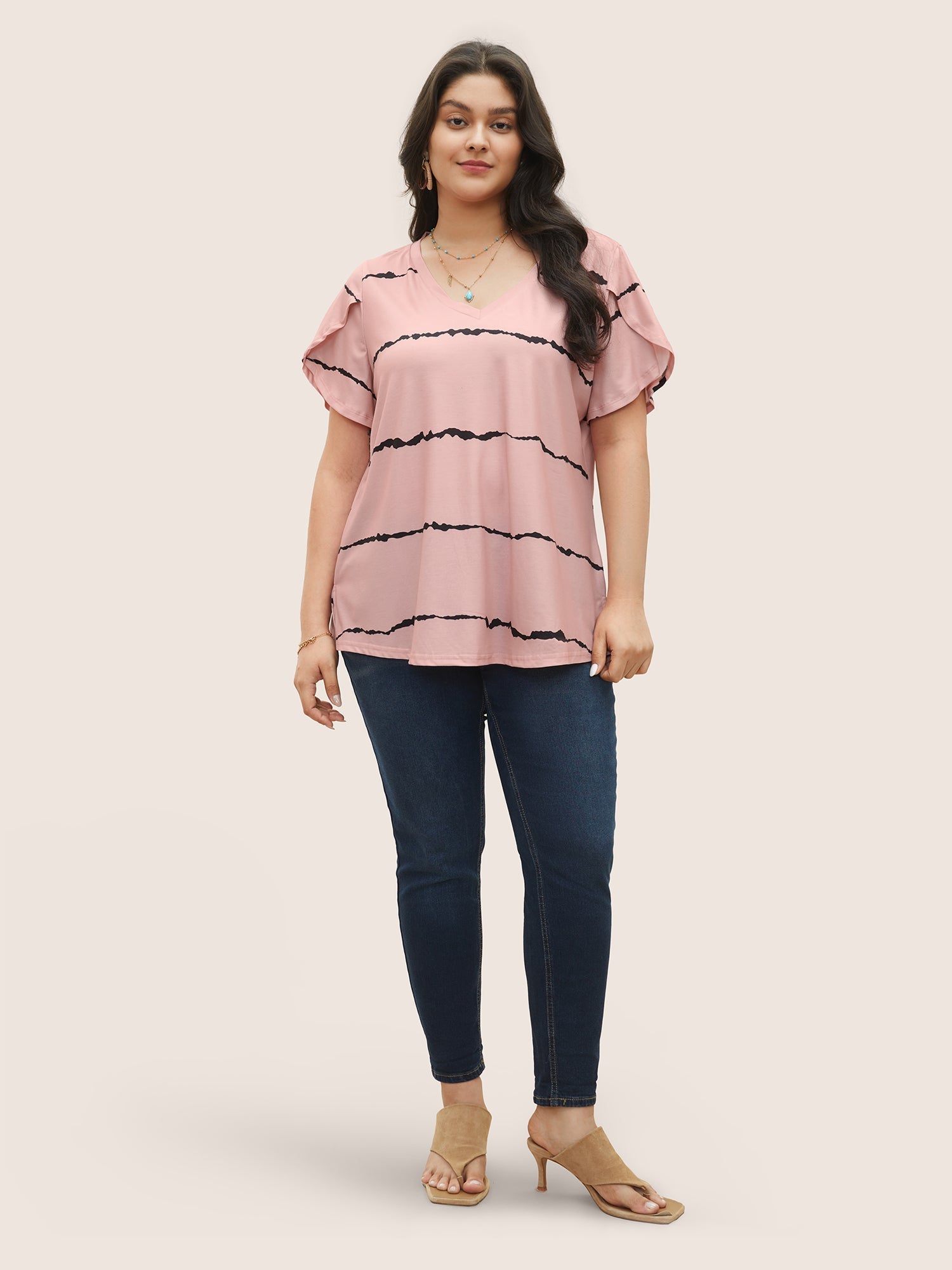 Striped Contrast Petal Sleeve T-shirt