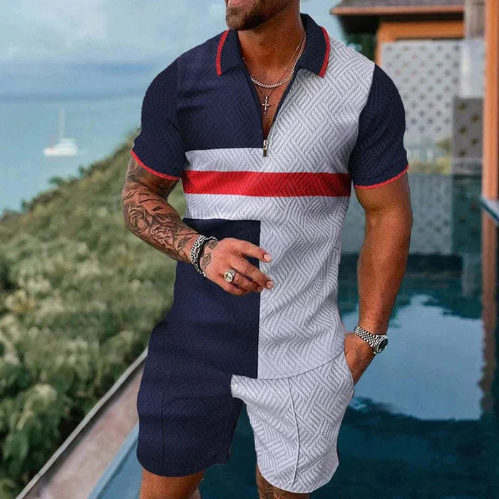 Contrasting Red Stripes Polo Shirt And Shorts Co-Ord