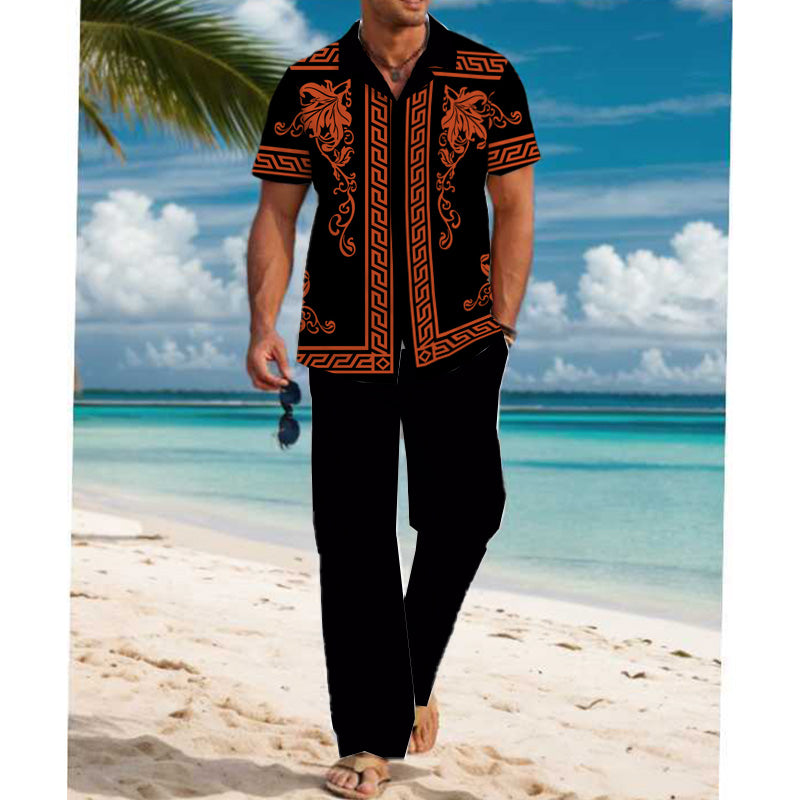 Men's Casual Printed Short Sleeve Shirt and Pants Set 54024830YM