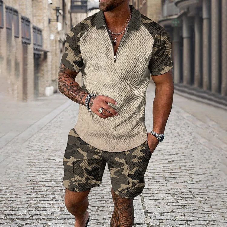 Men's Camouflage Sleeve Polo Shirt And Shorts Co-Ord