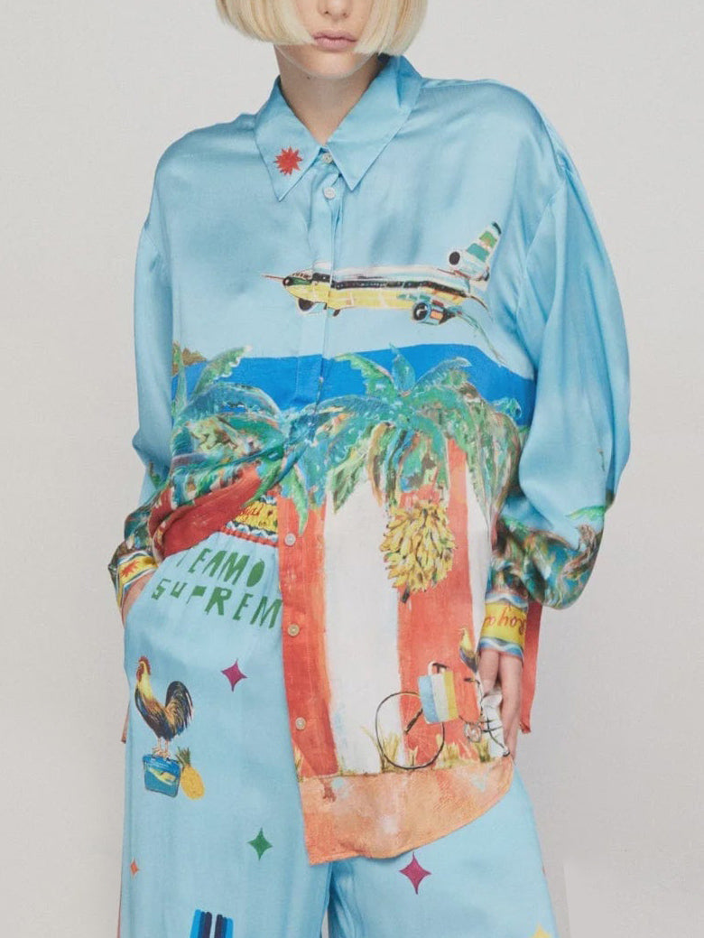 Unique Satin Painted Print Loose Shirt