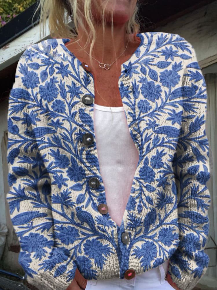 Women's Knitted Cardigan - Floral Embroidery - Button Down - Long Sleeve - Round Neck