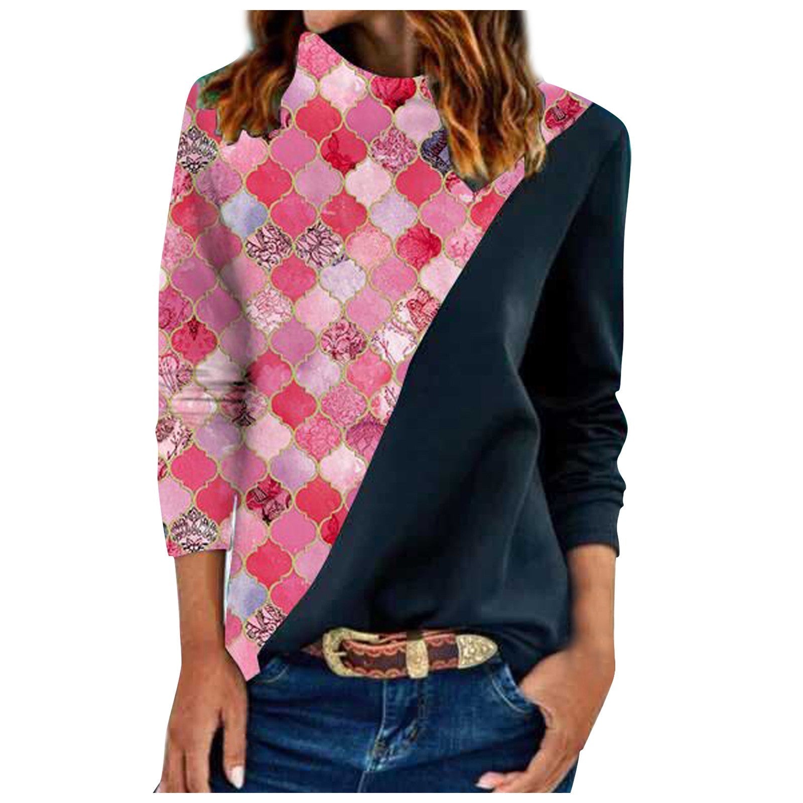 Women's Geometric Design long sleeve blouse with rounded collar