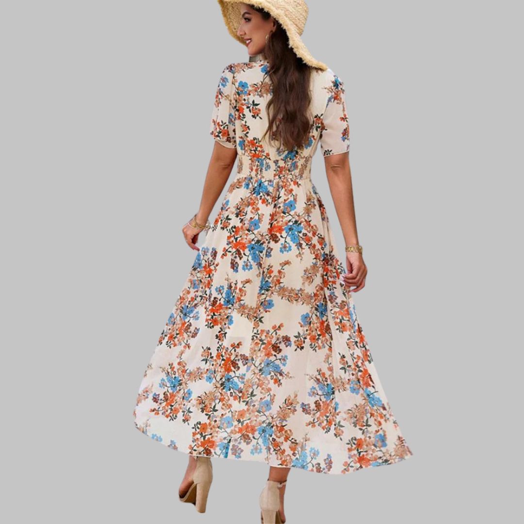 Isabella - Floral V-neck midi dress with short sleeves