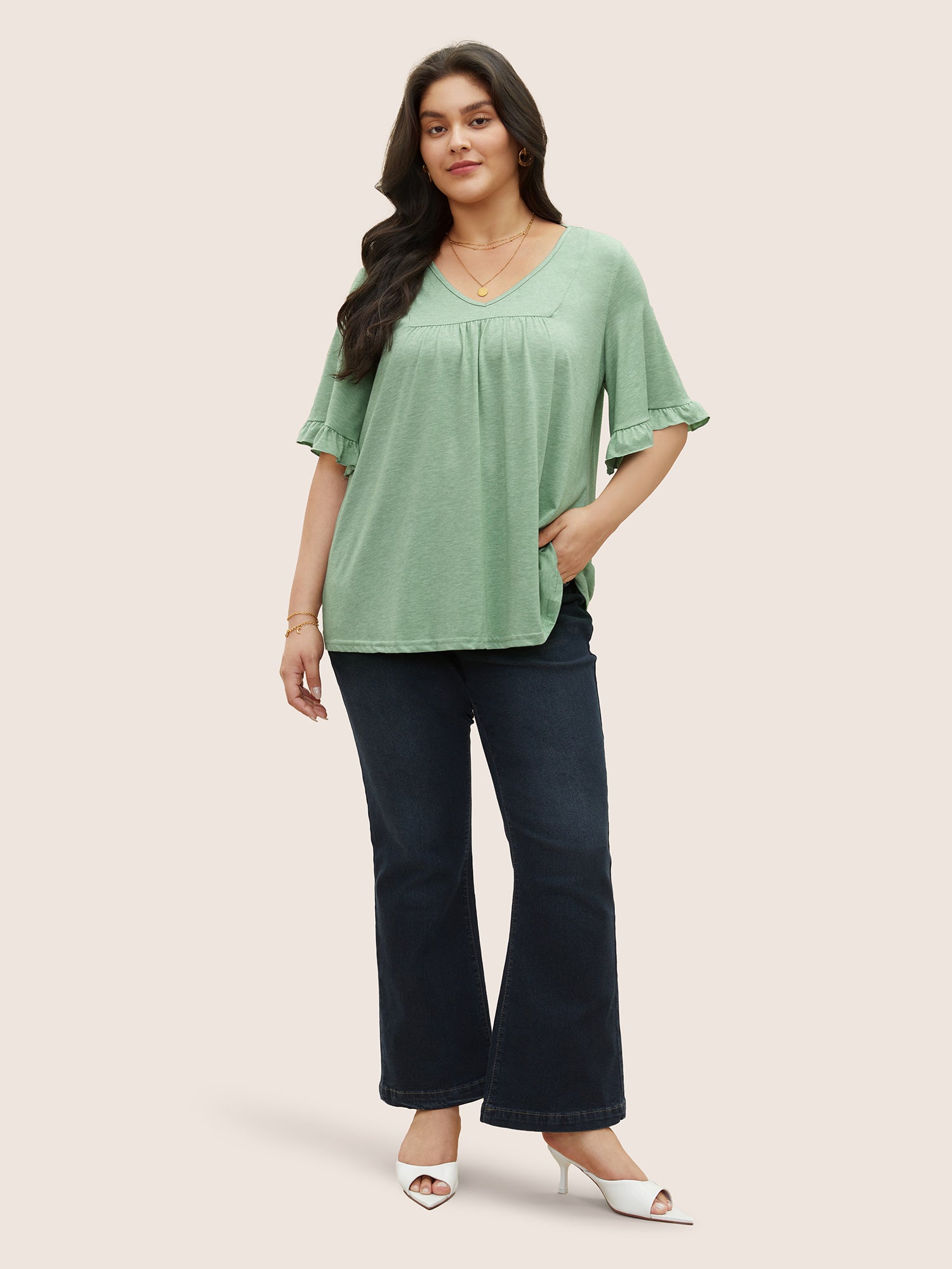 Solid Gathered Ruffle Trim Flounce Sleeve T-shirt