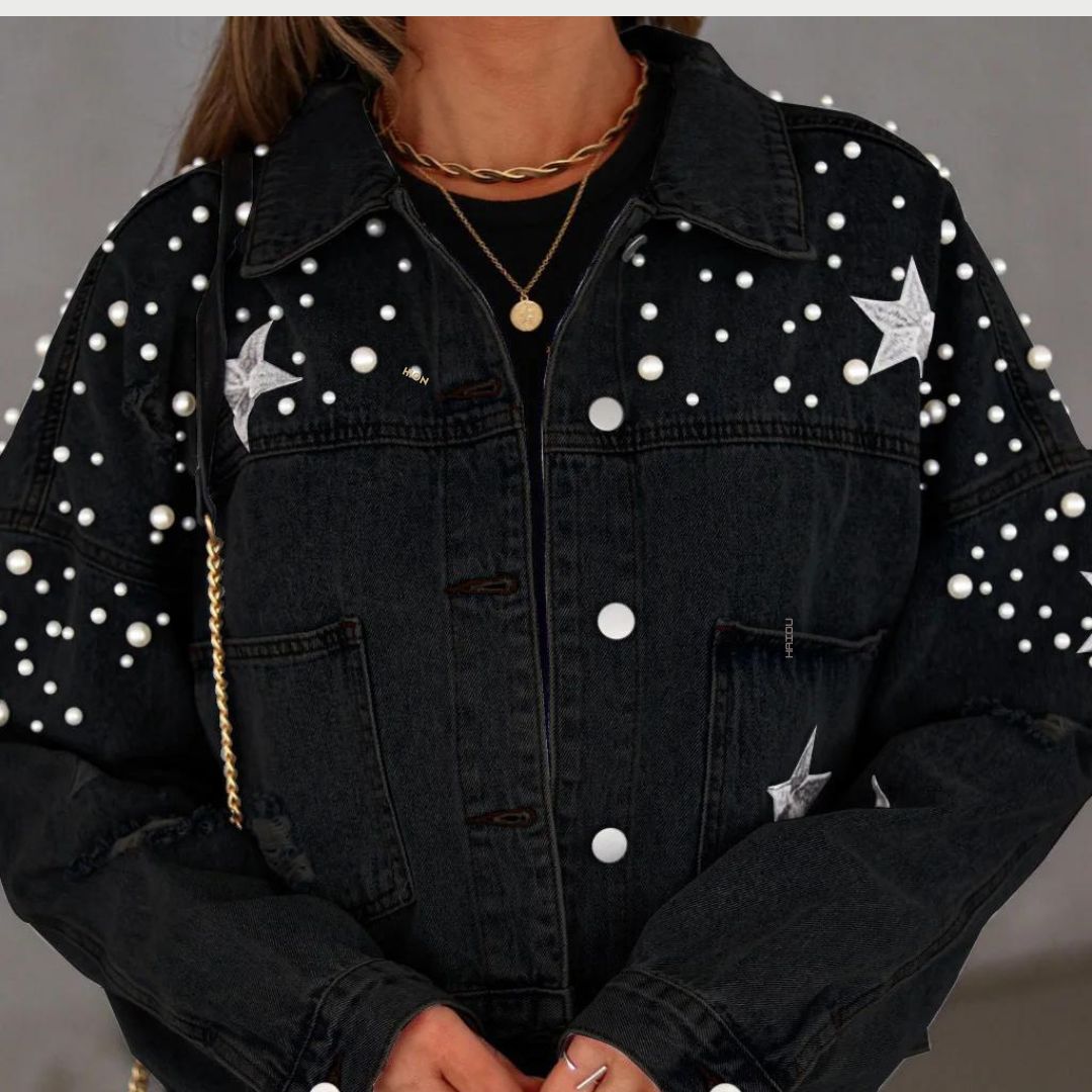 Veda - Denim jacket with pearl embellishment and star accents