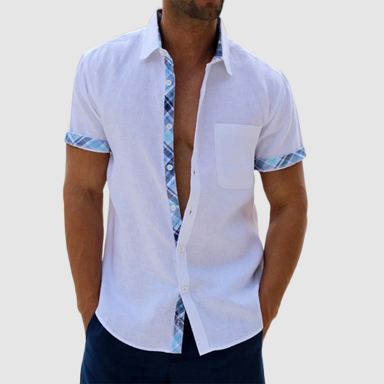 Finn - Summery linen shirt with checked collar and button placket