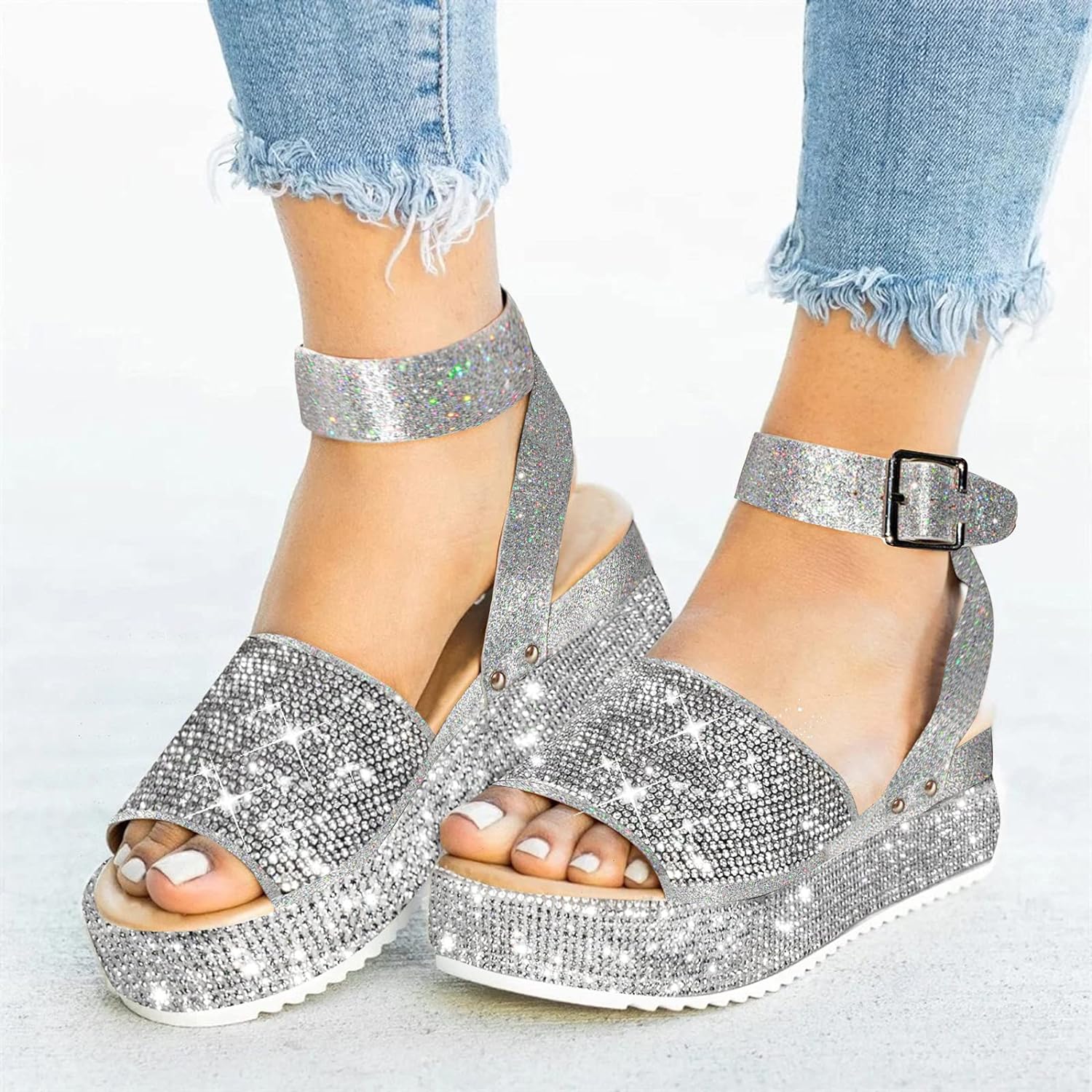 Portia - Platform wedge sandals with rhinestones