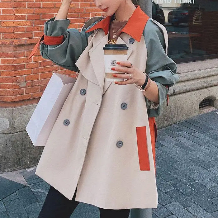 Women's Trench Coat - Double Breasted - Belted Waist - Notch Collar - Adjustable Cuffs