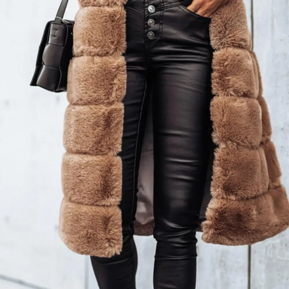 Women's Faux Fur Vest - Long Sleeveless - Open Front Lightweight Layer