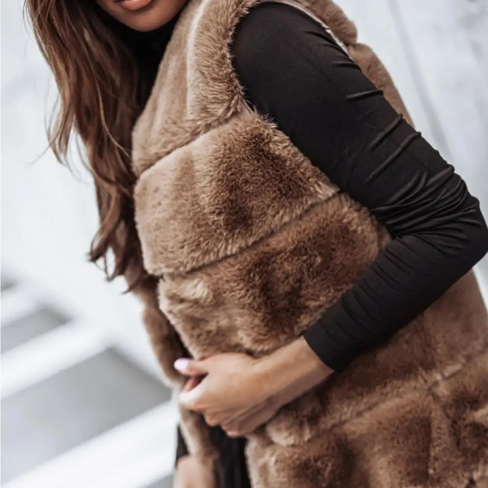 Women's Faux Fur Vest - Long Sleeveless - Open Front Lightweight Layer