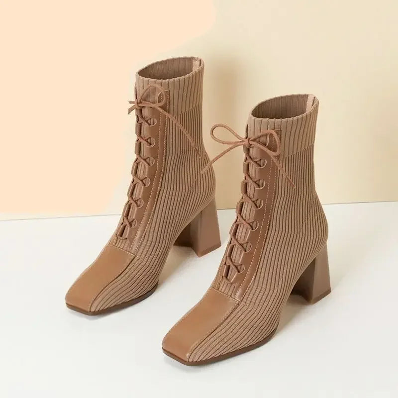 Rosie - Ribbed knit ankle boots with lace-up detail