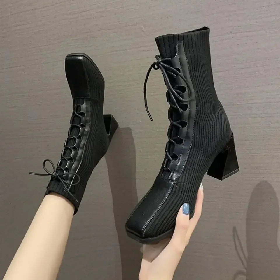 Rosie - Ribbed knit ankle boots with lace-up detail