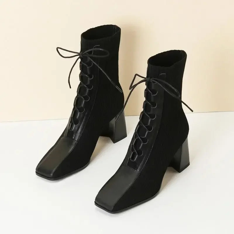 Rosie - Ribbed knit ankle boots with lace-up detail