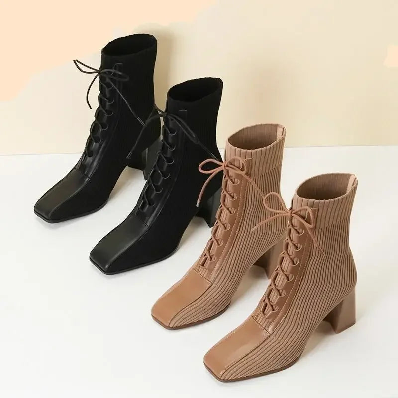 Rosie - Ribbed knit ankle boots with lace-up detail