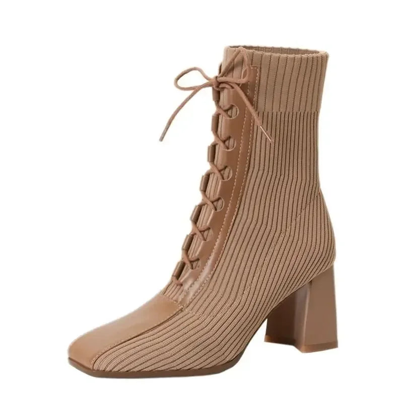 Rosie - Ribbed knit ankle boots with lace-up detail