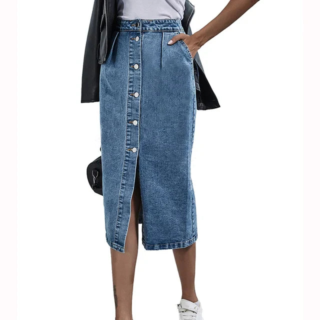 Lena - Chic denim midi skirt with button placket