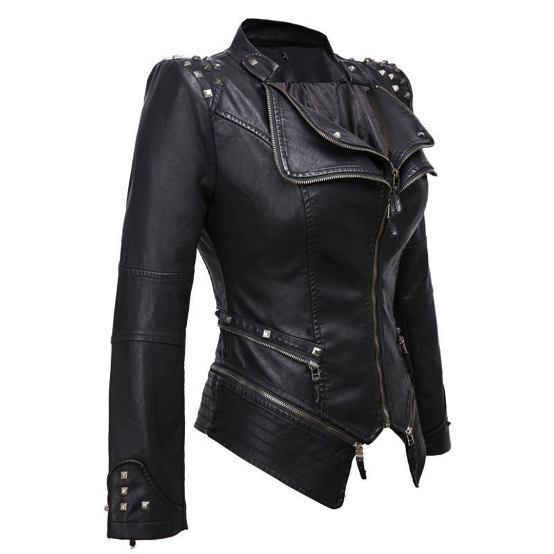Women's Leather Jacket - Fitted Biker Style - Studded Lapel & Cuffs - Zippered Details