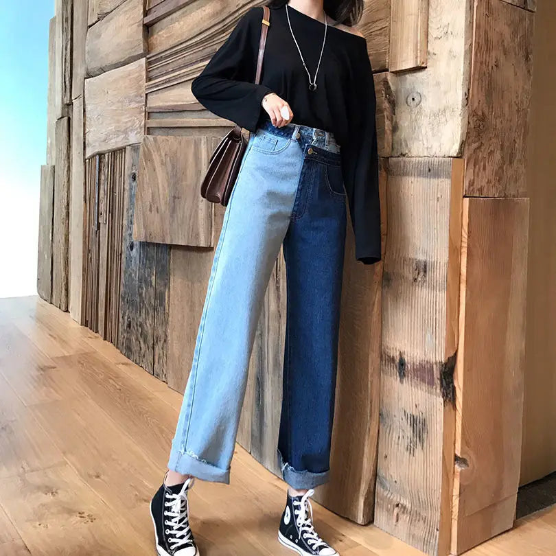 Elena - High-waisted straight jeans with contrast splice