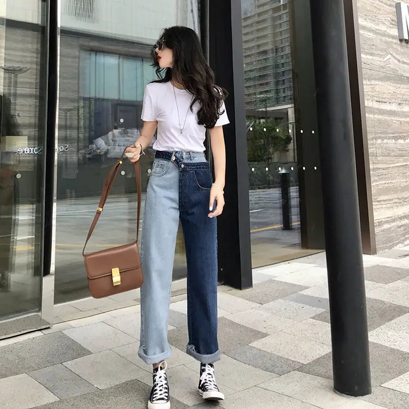 Elena - High-waisted straight jeans with contrast splice