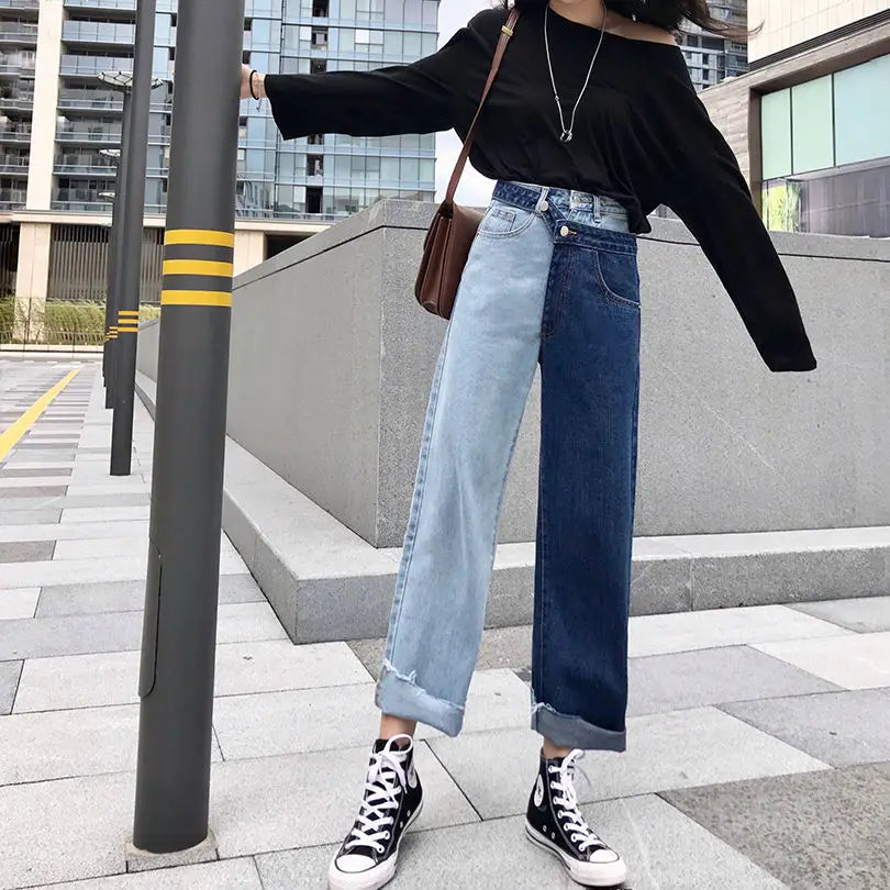 Elena - High-waisted straight jeans with contrast splice