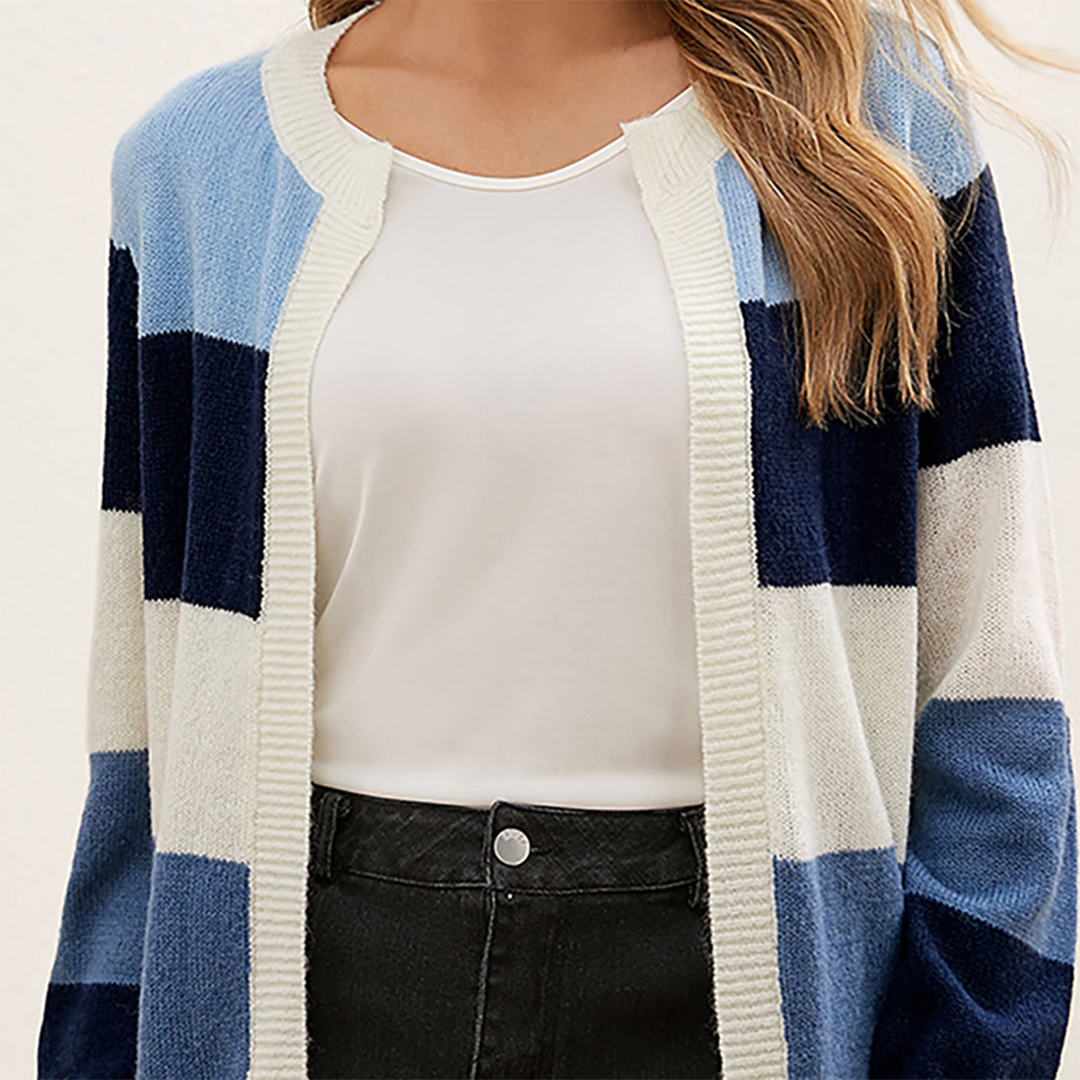 Women's Cardigan - Block Pattern - Ribbed Trim - Long Sleeve - Soft Knit Casual Layering