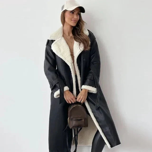 Winter faux fur long sleeve lapel collar jacket for women