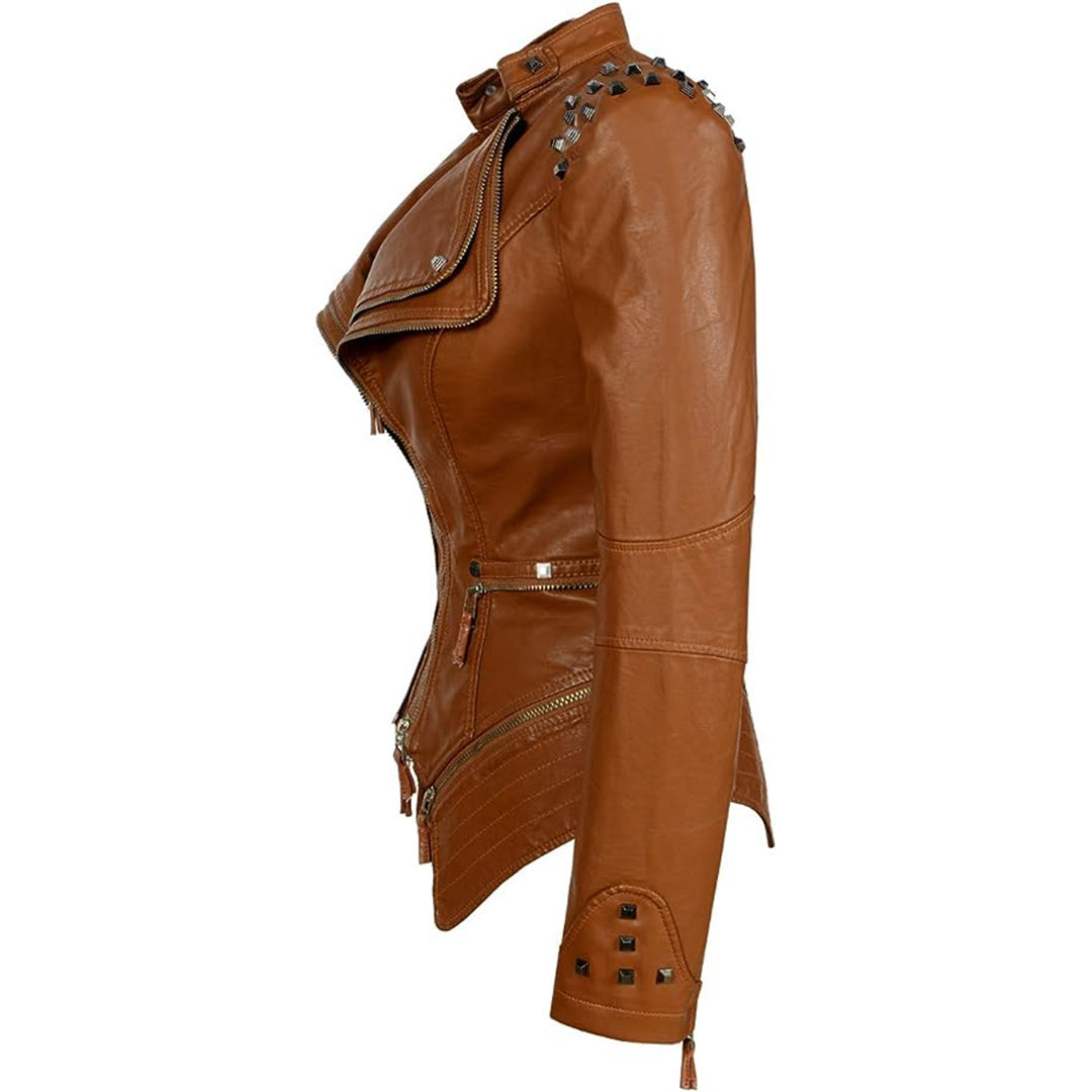 Women's Leather Jacket - Fitted Biker Style - Studded Lapel & Cuffs - Zippered Details