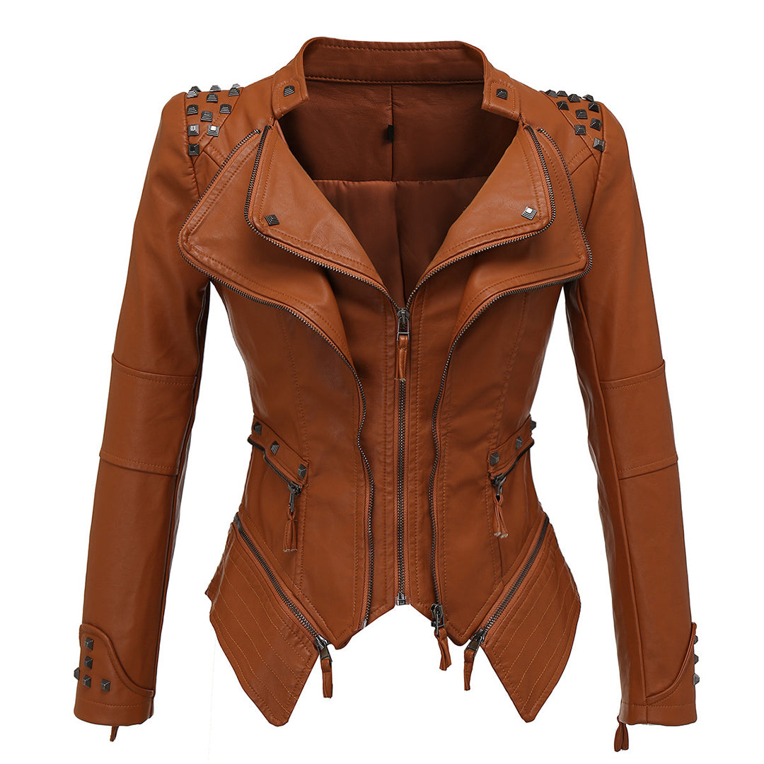 Women's Leather Jacket - Fitted Biker Style - Studded Lapel & Cuffs - Zippered Details