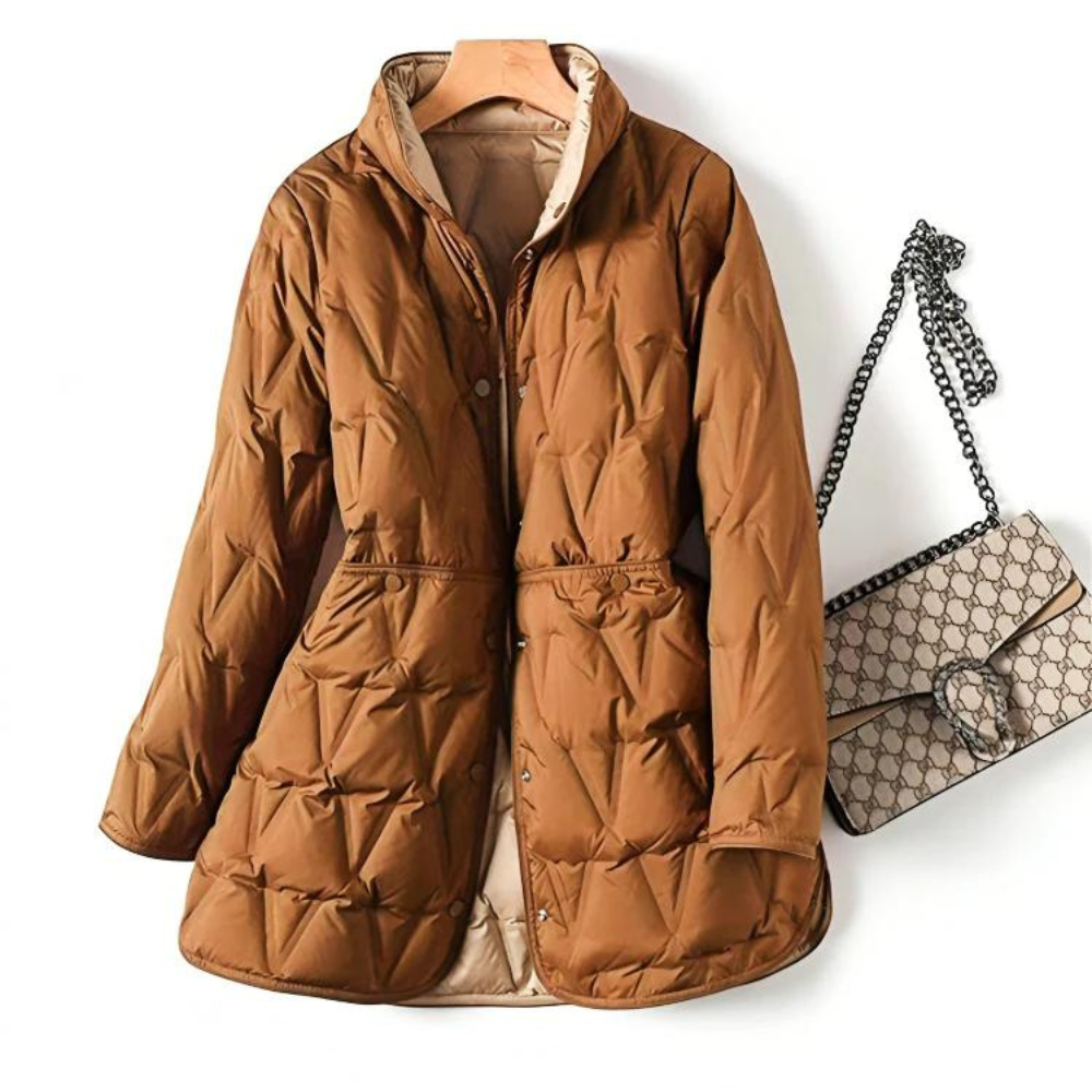 Women's Quilted Jacket - Mid-Length - High Collar - Button Closure - Tailored Fit