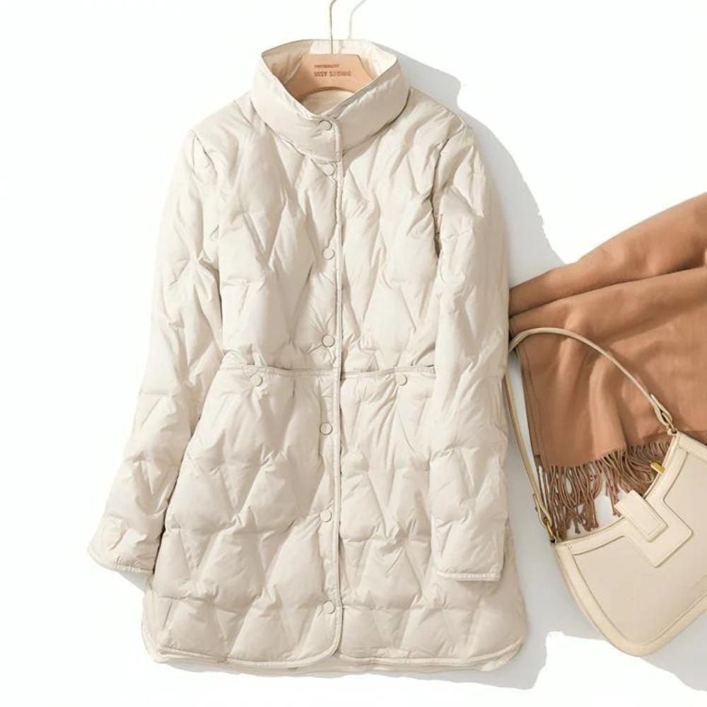 Women's Quilted Jacket - Mid-Length - High Collar - Button Closure - Tailored Fit