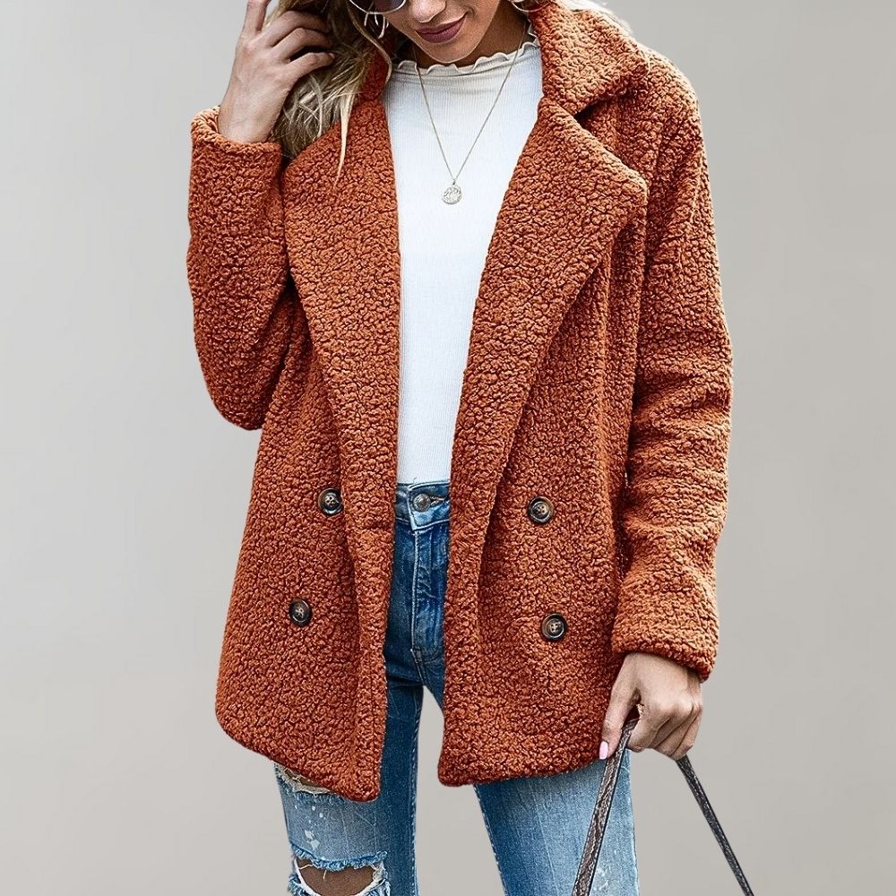 Women's Sherpa Jacket - Soft Fluffy Texture - Oversized Fit - Double-Breasted Lapel Coat