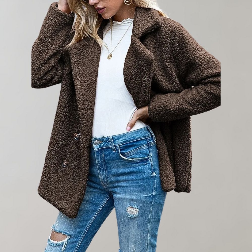 Women's Sherpa Jacket - Soft Fluffy Texture - Oversized Fit - Double-Breasted Lapel Coat