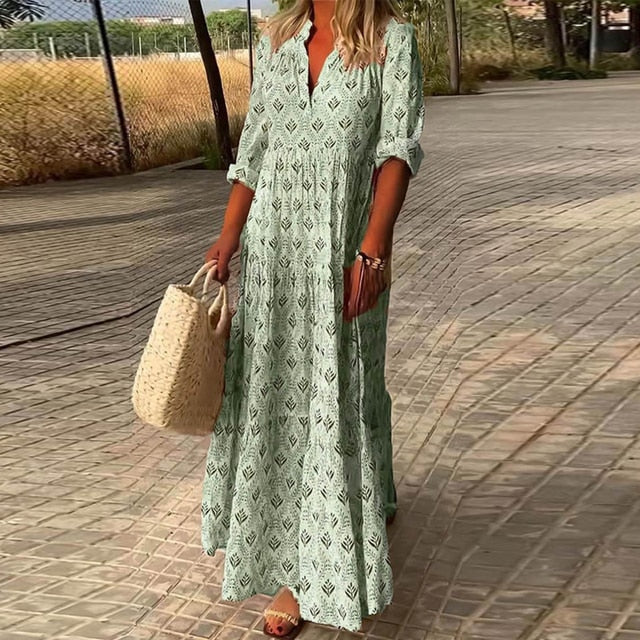 Casual long-sleeved dress with V-neckline