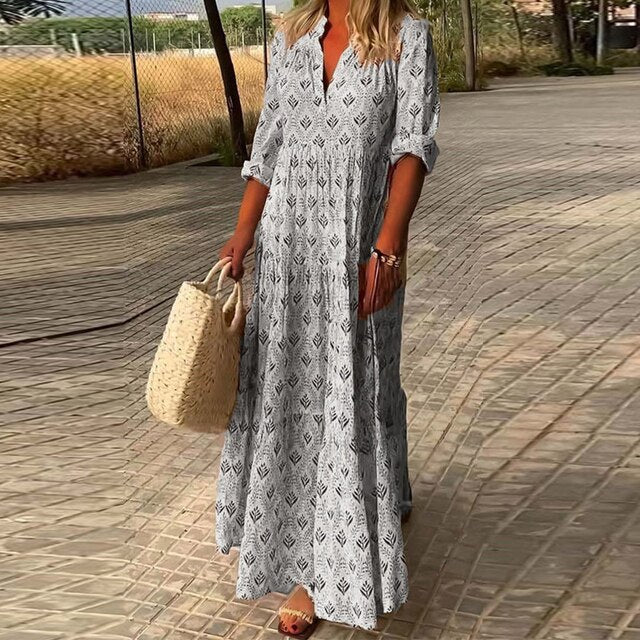 Casual long-sleeved dress with V-neckline
