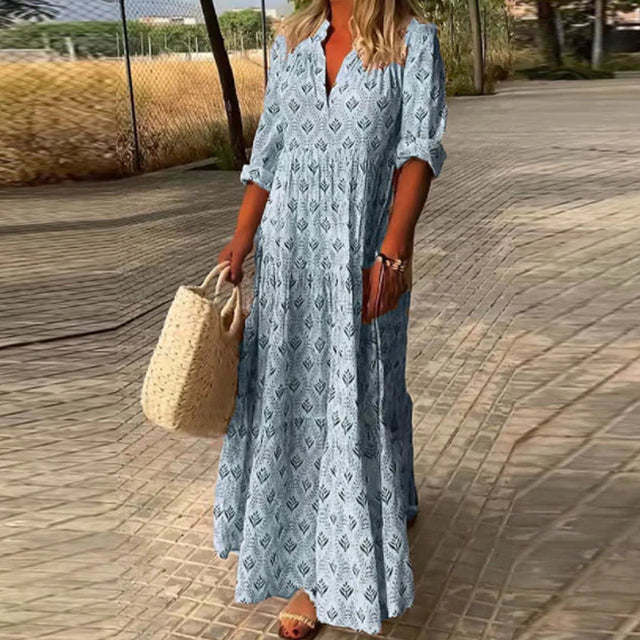 Casual long-sleeved dress with V-neckline