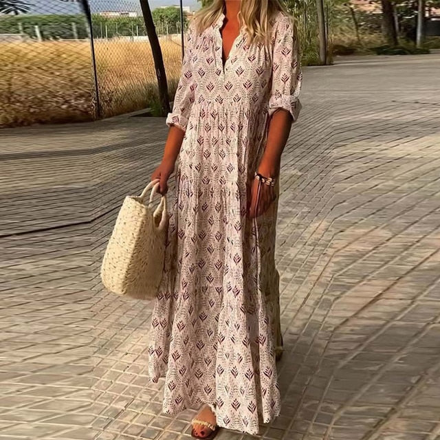 Casual long-sleeved dress with V-neckline
